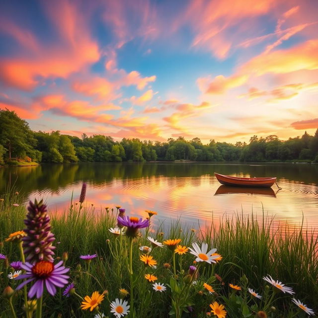 A serene landscape at sunset with vibrant orange and pink hues in the sky, reflecting on a calm lake surface surrounded by lush green trees