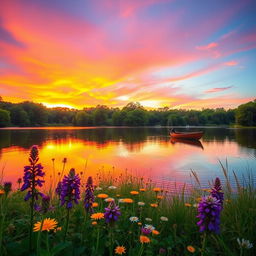 A serene landscape at sunset with vibrant orange and pink hues in the sky, reflecting on a calm lake surface surrounded by lush green trees
