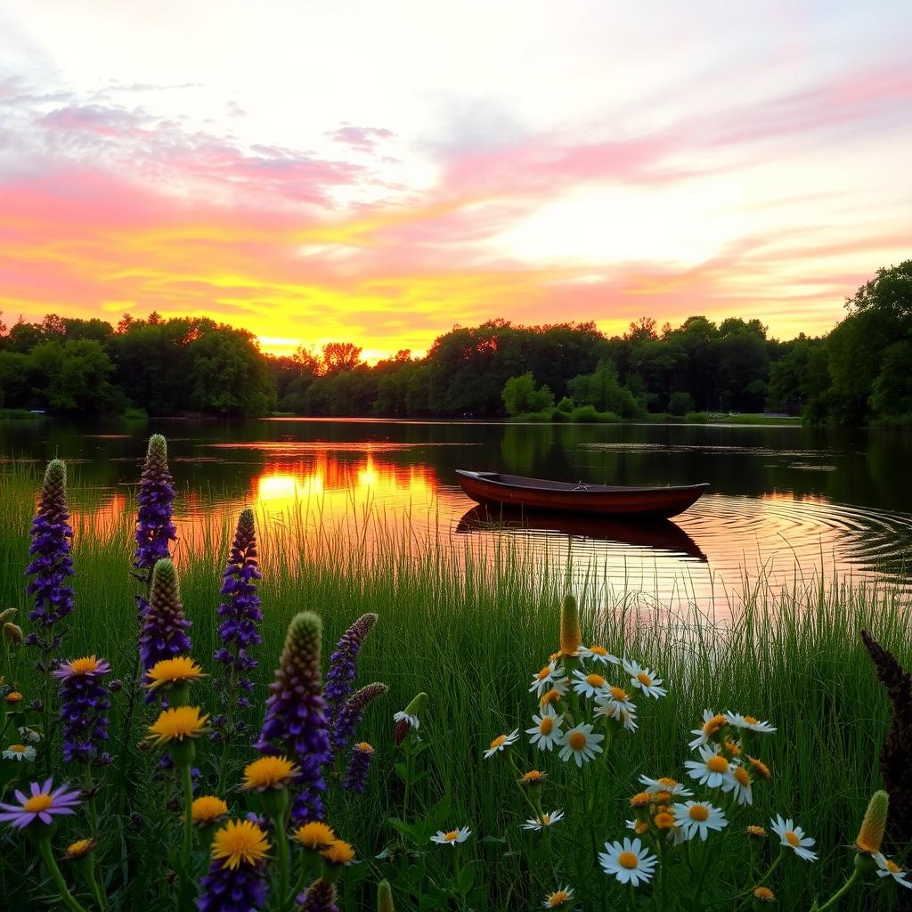 A serene landscape at sunset with vibrant orange and pink hues in the sky, reflecting on a calm lake surface surrounded by lush green trees