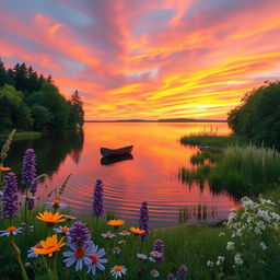 A serene landscape at sunset with vibrant orange and pink hues in the sky, reflecting on a calm lake surface surrounded by lush green trees