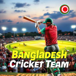 A vibrant cover photo for the Bangladesh cricket team, featuring a dynamic action shot of a Bangladeshi cricketer batting in full swing, wearing the team's green and red uniform