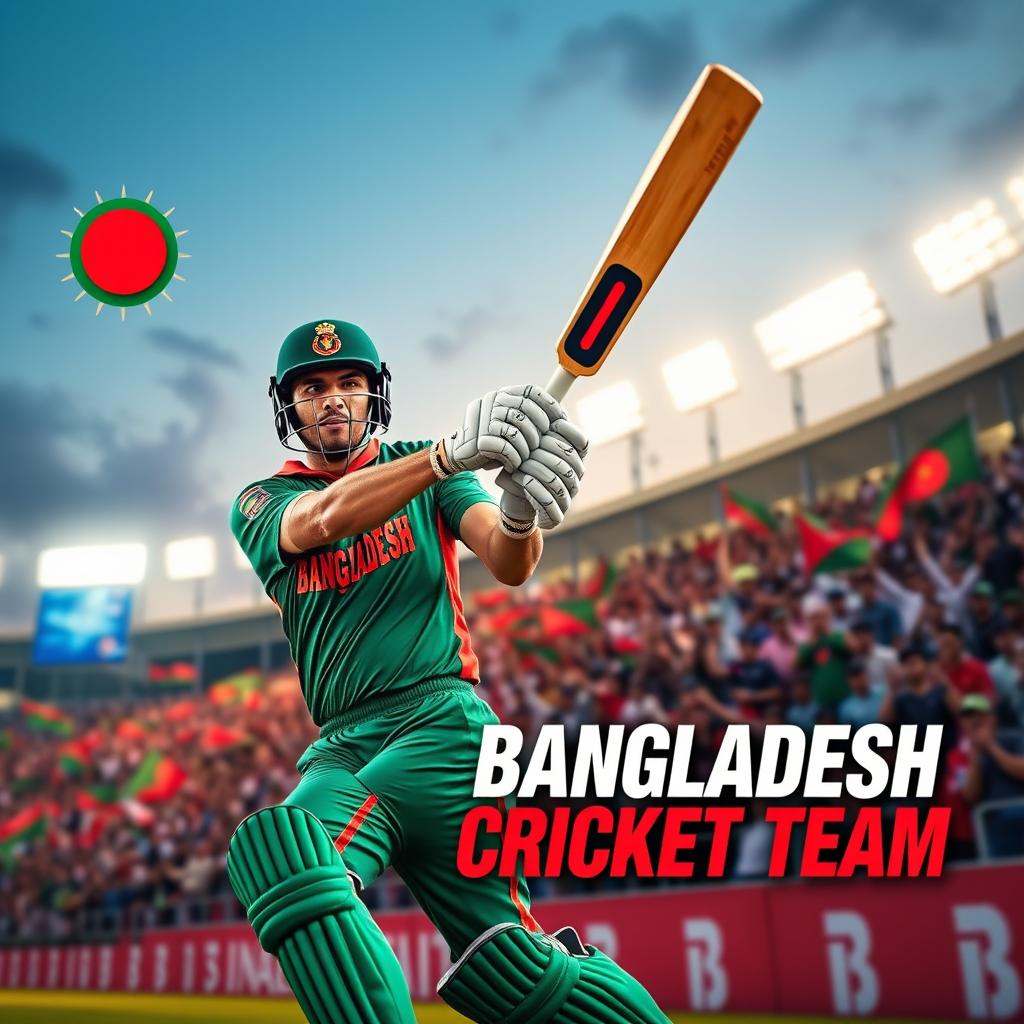 A vibrant cover photo for the Bangladesh cricket team, featuring a dynamic action shot of a Bangladeshi cricketer batting in full swing, wearing the team's green and red uniform
