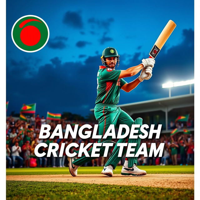A vibrant cover photo for the Bangladesh cricket team, featuring a dynamic action shot of a Bangladeshi cricketer batting in full swing, wearing the team's green and red uniform