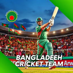A vibrant cover photo for the Bangladesh cricket team, featuring a dynamic action shot of a Bangladeshi cricketer batting in full swing, wearing the team's green and red uniform