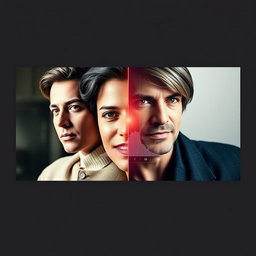 A professional YouTube banner designed in a size of 2560x1440 pixels, showcasing the concept of celebrity transformations with an artistic touch