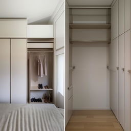 A comprehensive view of a well-organized bedroom featuring a closed walk-in closet, a compact study table, a small book rack, design notably separates the closet and study areas.