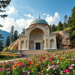 A serene Iranian Islamic-style mausoleum located in a mountainous area surrounded by cypress and cedar trees