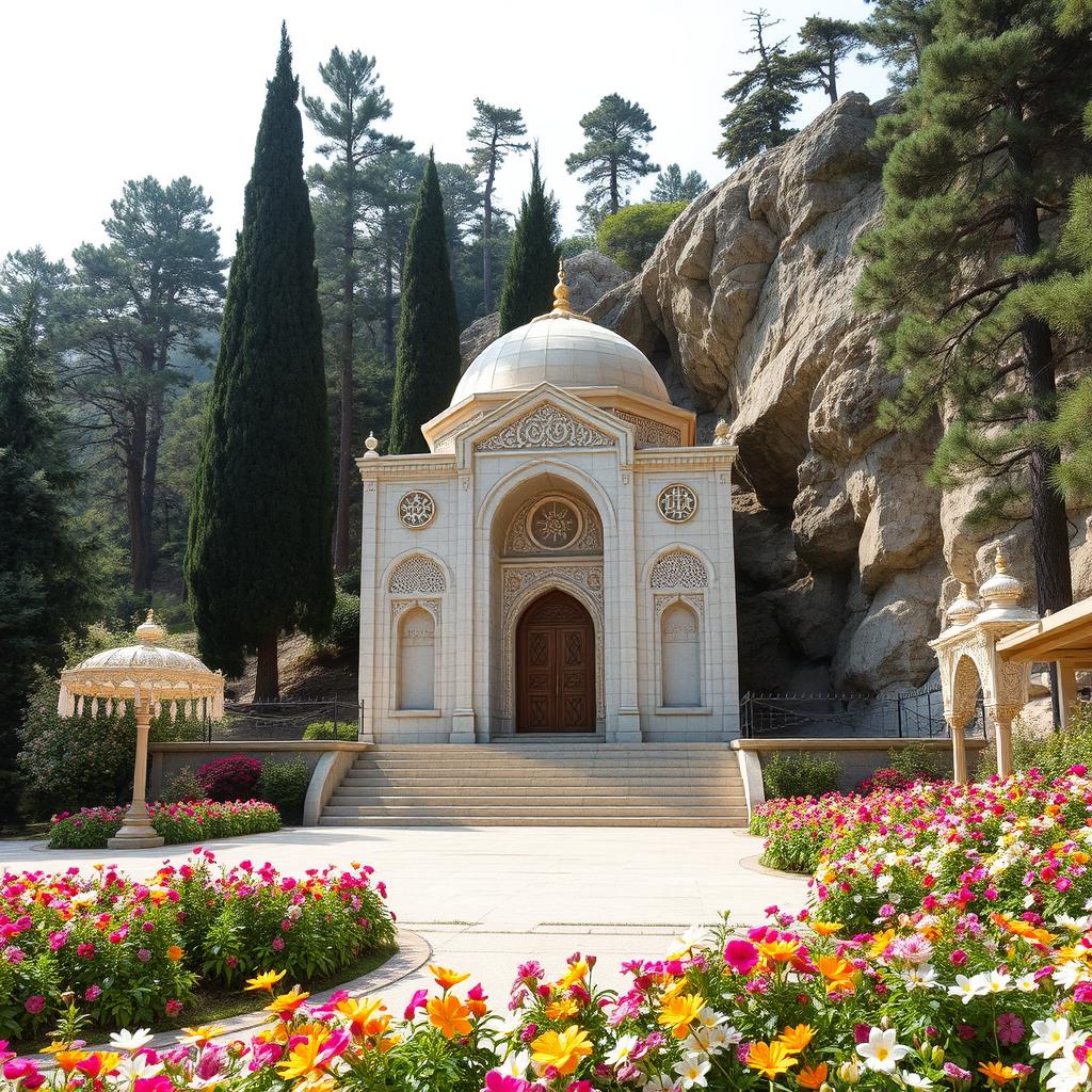 A serene Iranian Islamic-style mausoleum located in a mountainous area surrounded by cypress and cedar trees