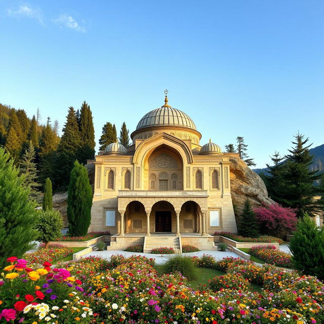 A serene Iranian Islamic-style mausoleum located in a mountainous area surrounded by cypress and cedar trees