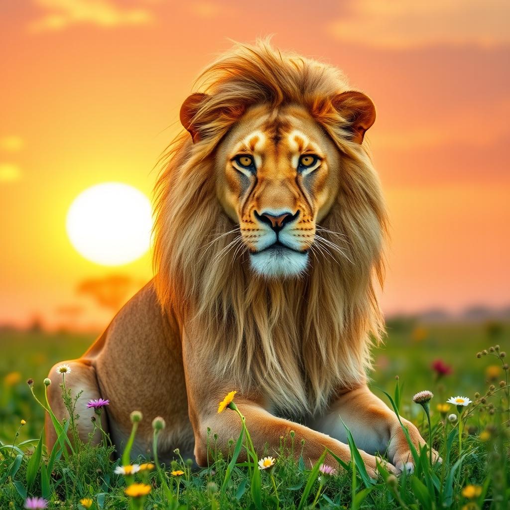 A beautiful and majestic lioness with flowing golden mane, sitting gracefully in a sunlit savanna