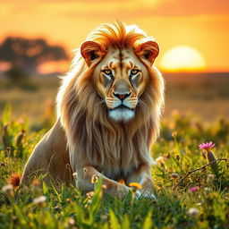 A beautiful and majestic lioness with flowing golden mane, sitting gracefully in a sunlit savanna