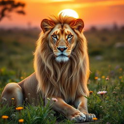 A beautiful and majestic lioness with flowing golden mane, sitting gracefully in a sunlit savanna