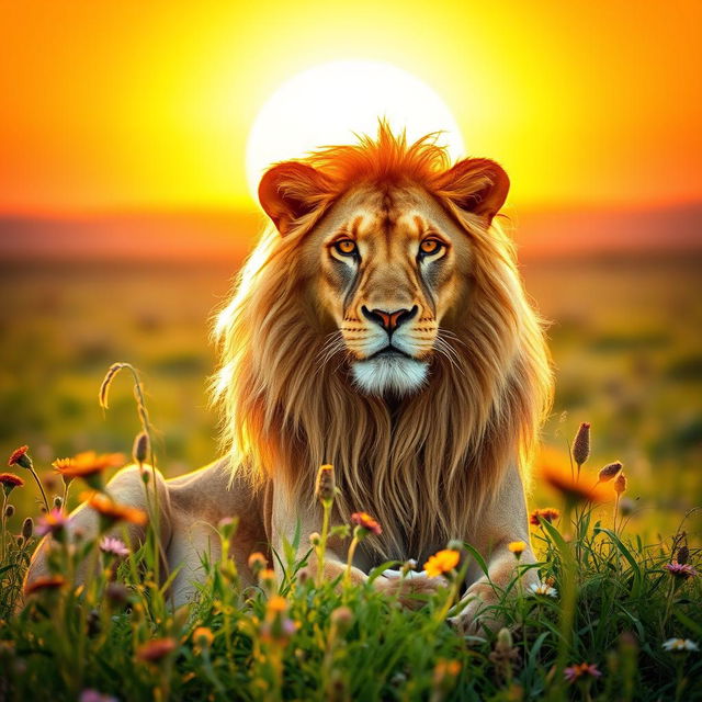 A beautiful and majestic lioness with flowing golden mane, sitting gracefully in a sunlit savanna