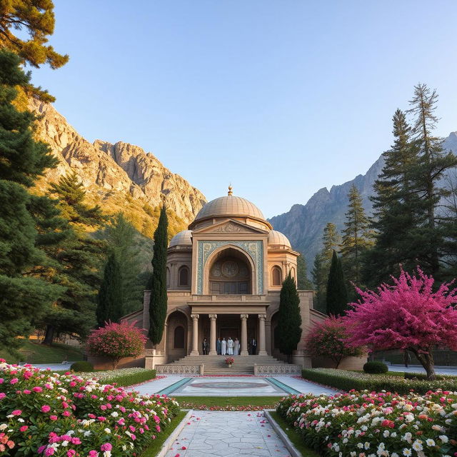 A stunning Iranian-Islamic styled mausoleum situated in a mountainous region surrounded by cypress and cedar trees