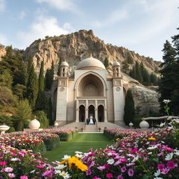 A stunning Iranian-Islamic styled mausoleum situated in a mountainous region surrounded by cypress and cedar trees