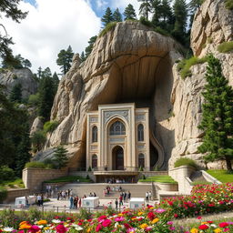 A stunning Iranian-Islamic styled mausoleum situated in a mountainous region surrounded by cypress and cedar trees