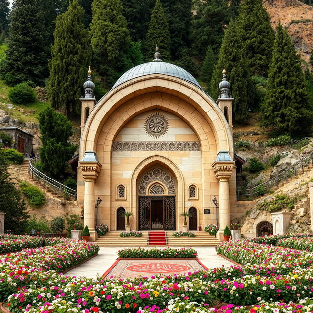 A Persian Islamic-style tomb designed with a curved arch shape, located in a mountainous area surrounded by cypress and juniper trees