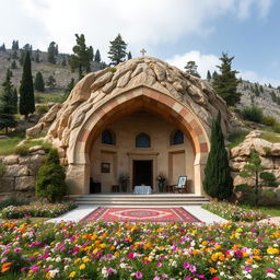 A Persian Islamic-style tomb designed with a curved arch shape, located in a mountainous area surrounded by cypress and juniper trees