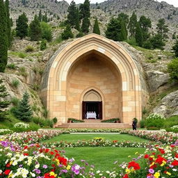 A Persian Islamic-style tomb designed with a curved arch shape, located in a mountainous area surrounded by cypress and juniper trees