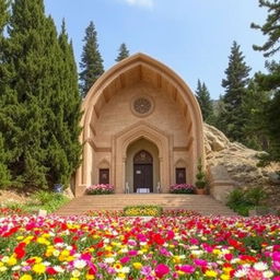 An Iranian-Islamic designed tomb with an arched and curved shape, situated in a mountainous area surrounded by tall cypress and cedar trees