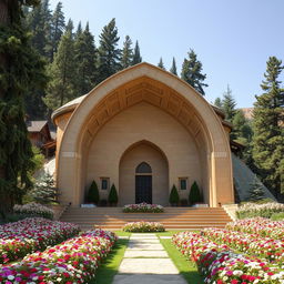 An Iranian-Islamic designed tomb with an arched and curved shape, situated in a mountainous area surrounded by tall cypress and cedar trees