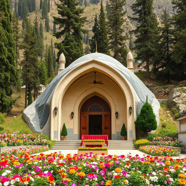 An Iranian-Islamic designed tomb with an arched and curved shape, situated in a mountainous area surrounded by tall cypress and cedar trees