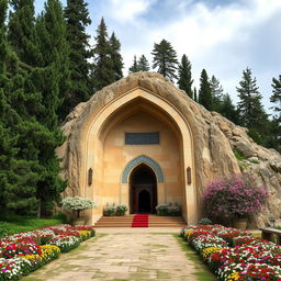 An Iranian-Islamic designed tomb with an arched and curved shape, situated in a mountainous area surrounded by tall cypress and cedar trees