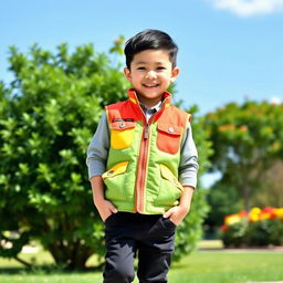 A stylish young boy wearing a trendy vest, smiling confidently while standing in an outdoor setting with a bright blue sky