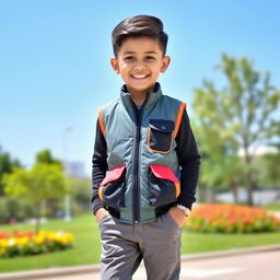 A stylish young boy wearing a trendy vest, smiling confidently while standing in an outdoor setting with a bright blue sky