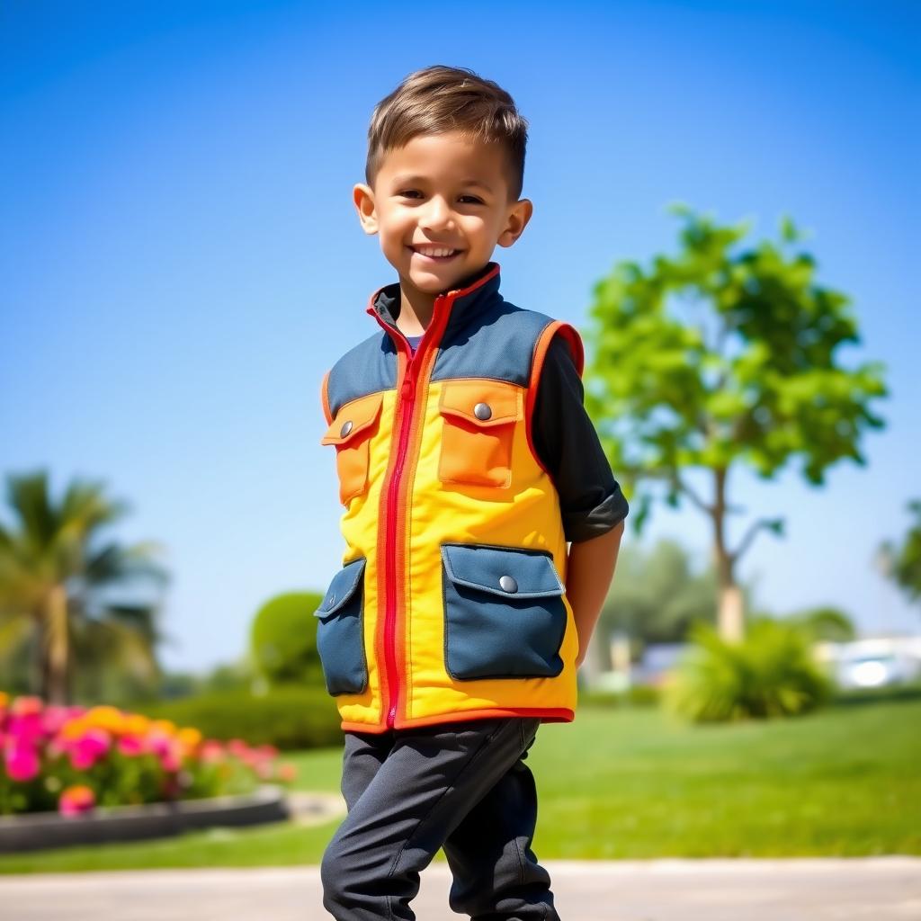 A stylish young boy wearing a trendy vest, smiling confidently while standing in an outdoor setting with a bright blue sky