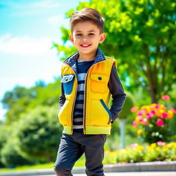 A stylish young boy wearing a trendy vest, smiling confidently while standing in an outdoor setting with a bright blue sky