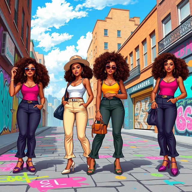 A vibrant digital illustration featuring four identical clones of a stylish woman with curly hair wearing a chic outfit, standing in a dynamic pose on a colorful urban street