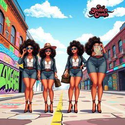 A vibrant digital illustration featuring four identical clones of a stylish woman with curly hair wearing a chic outfit, standing in a dynamic pose on a colorful urban street