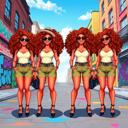 A vibrant digital illustration featuring four identical clones of a stylish woman with curly hair wearing a chic outfit, standing in a dynamic pose on a colorful urban street