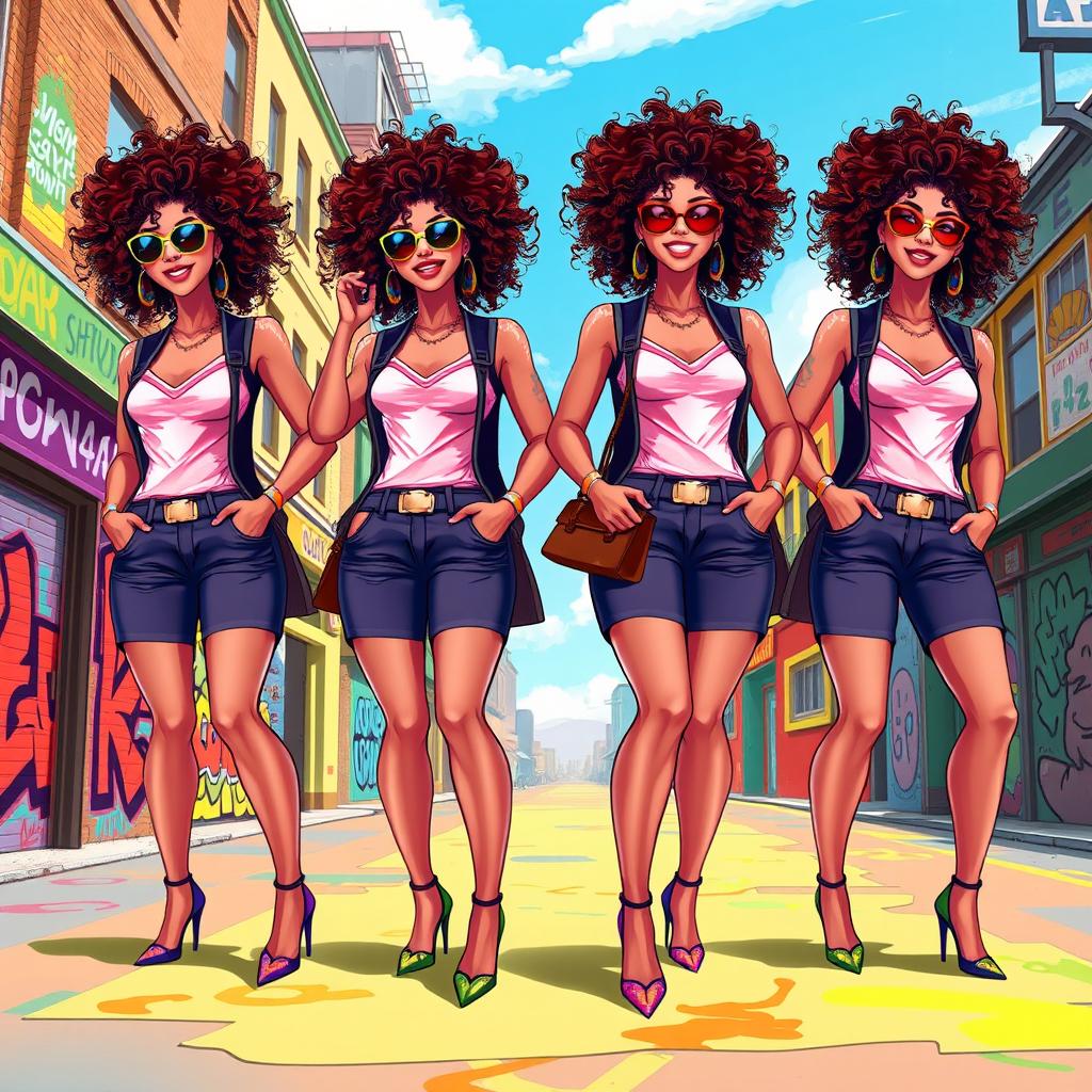 A vibrant digital illustration featuring four identical clones of a stylish woman with curly hair wearing a chic outfit, standing in a dynamic pose on a colorful urban street