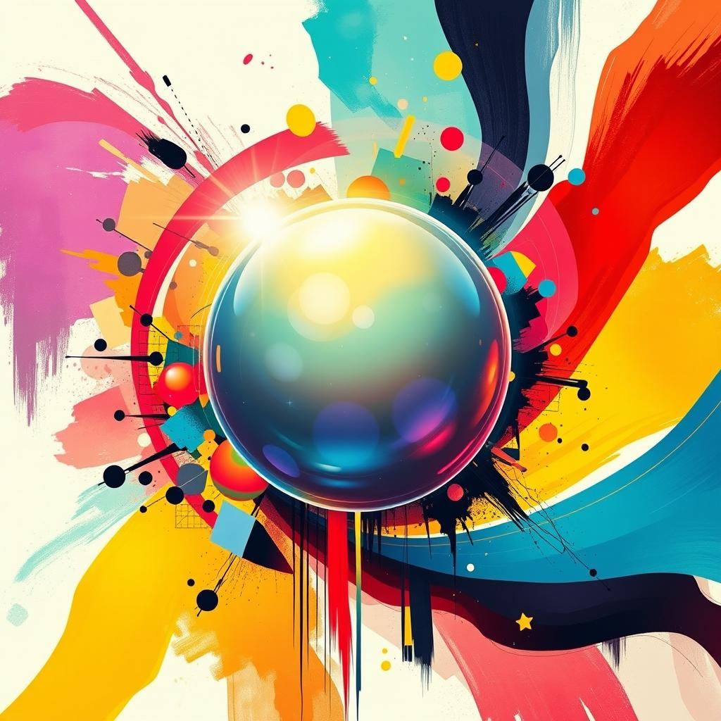 A visually stunning poster featuring an abstract design with vibrant colors blending seamlessly, incorporating geometric shapes and flowing lines