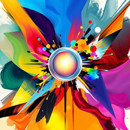 A visually stunning poster featuring an abstract design with vibrant colors blending seamlessly, incorporating geometric shapes and flowing lines