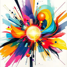 A visually stunning poster featuring an abstract design with vibrant colors blending seamlessly, incorporating geometric shapes and flowing lines