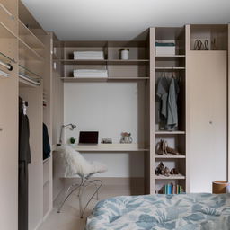 A comprehensive view of a well-organized bedroom featuring a closed walk-in closet, a compact study table, a small book rack, design notably separates the closet and study areas.