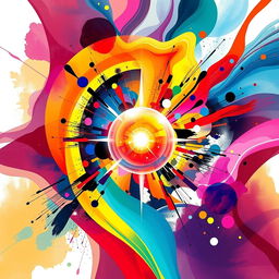 A visually stunning poster featuring an abstract design with vibrant colors blending seamlessly, incorporating geometric shapes and flowing lines