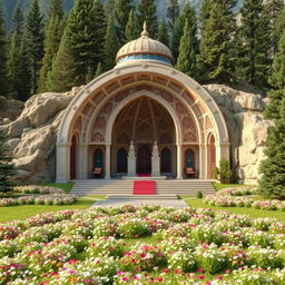 An Iranian Islamic-style mausoleum designed in an arched structure, situated in a mountainous area surrounded by tall cypress and conifer trees