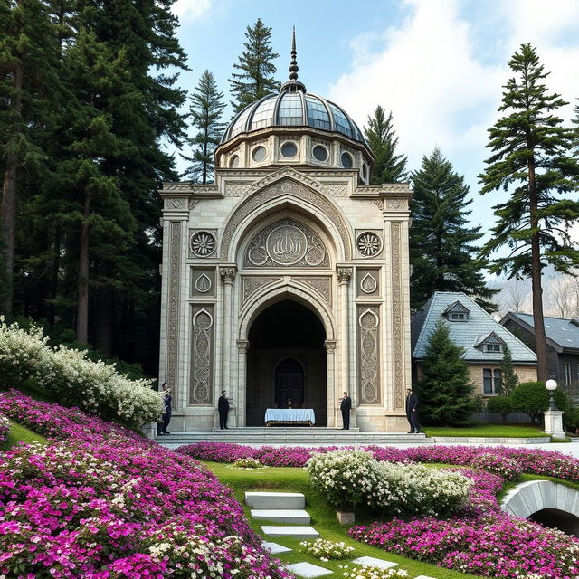 An Iranian Islamic-style mausoleum designed in an arched structure, situated in a mountainous area surrounded by tall cypress and conifer trees