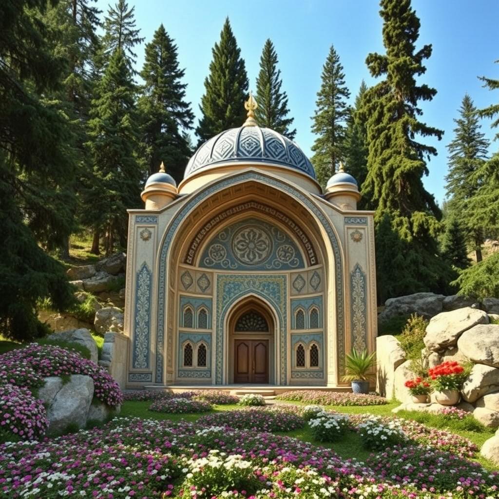 An Iranian Islamic-style mausoleum designed in an arched structure, situated in a mountainous area surrounded by tall cypress and conifer trees