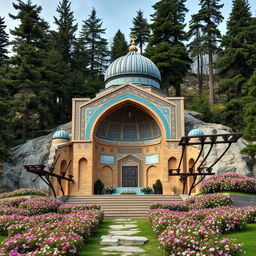 An Iranian Islamic-style mausoleum designed in an arched structure, situated in a mountainous area surrounded by tall cypress and conifer trees