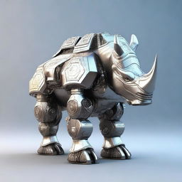 A revised 3D render image of a powerful robot rhino, now featuring a prominent crest