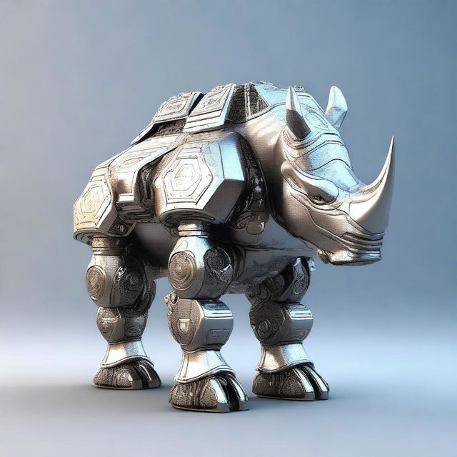 A revised 3D render image of a powerful robot rhino, now featuring a prominent crest