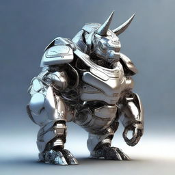 A revised 3D render image of a powerful robot rhino, now featuring a prominent crest