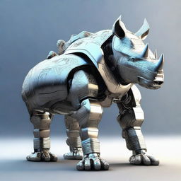 A revised 3D render image of a powerful robot rhino, now featuring a prominent crest