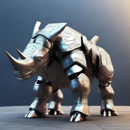 A revised 3D render image of a powerful robot rhino, now featuring a prominent crest