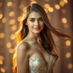 A stunning portrait of a young woman with long flowing hair, wearing an elegant evening gown